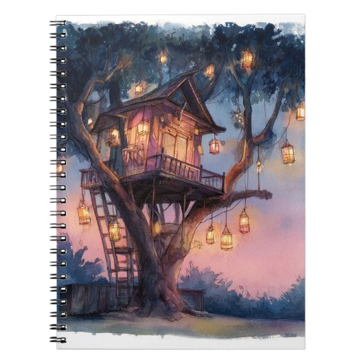 Whimsical Lantern Treehouse Twilight Art Notebook Notizblock (Vorderseite)