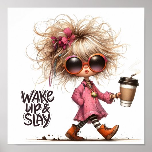 Whimsical Latte Girl Weckte Up & Slay Motivierend Poster (Vorne)