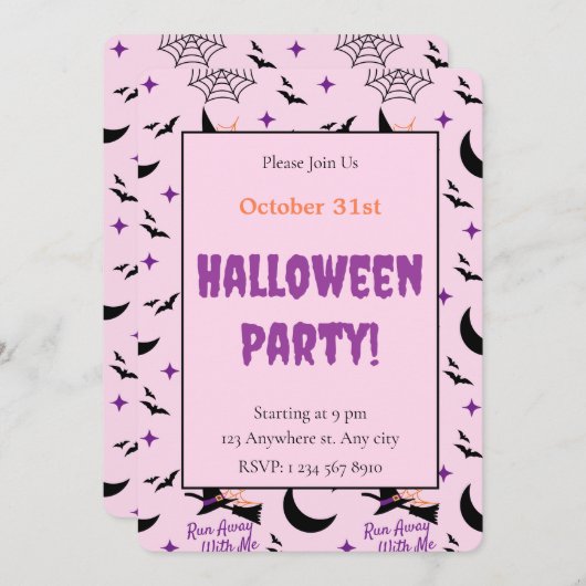 Whimsical Lauf weg mit mir Hexe & Bat Halloween Einladung (Vorne/Hinten)