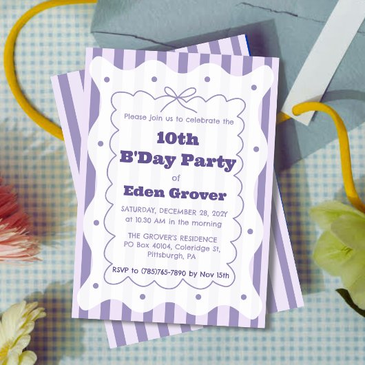 Whimsical Lavendel Streifen Geburtstag Einladung