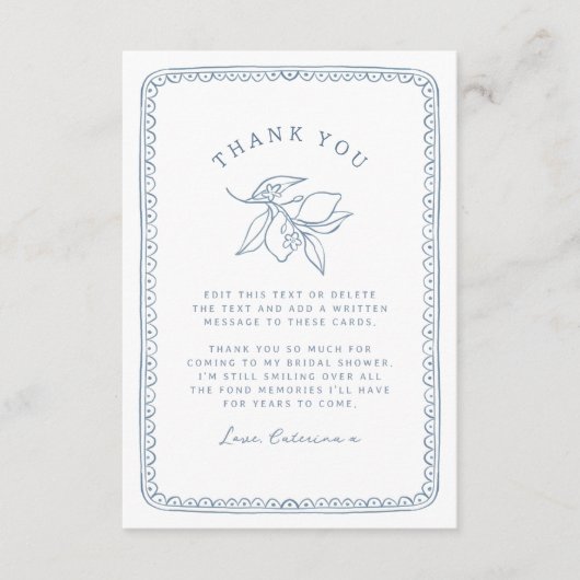 Whimsical Lemon Illustration | Blaues Brautparty Dankeskarte (Vorderseite)