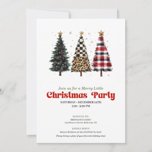 Whimsical leopard and gold Christmas tree invite Einladung (Vorderseite)