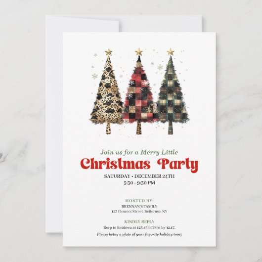 Whimsical leopard and plaid Christmas tree invite Einladung (Vorderseite)
