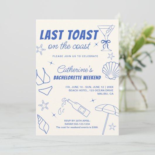 Whimsical letzten Toast an der Küste Bachelorette Einladung (Stehend Vorderseite)