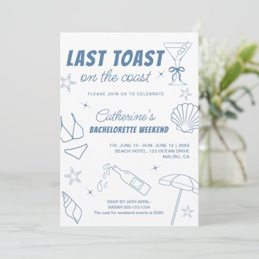 Whimsical letzten Toast an der Küste Bachelorette Einladung (Stehend Vorderseite)