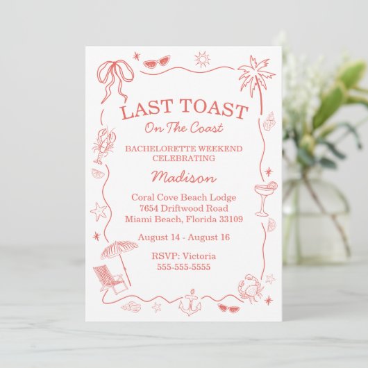 Whimsical letzten Toast auf der Küstenkoralle Einladung (Stehend Vorderseite)