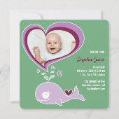 Whimsical Liebe Lila Whale Baby Girl Foto Birth Ankündigung (Vorderseite)