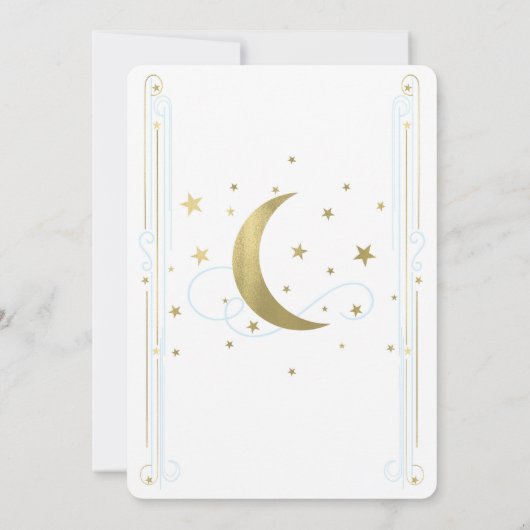 Whimsical Light Blue & Gold Moon Stars Baby Dusche Einladung (Rückseite)