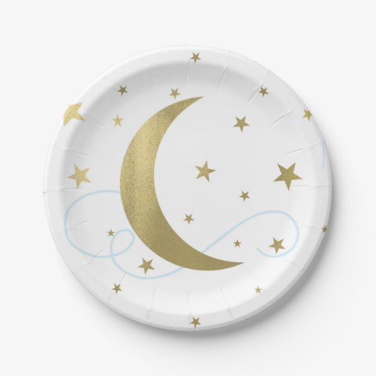 Whimsical Light Blue & Gold Moon Stars Baby Dusche Pappteller (Vorderseite)