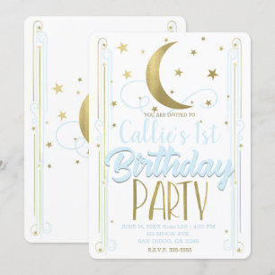 Whimsical Light Blue Gold Moon Stars Geburtstag Einladung