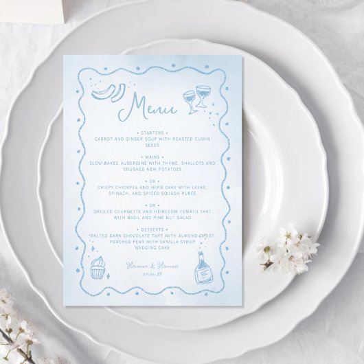 Whimsical Light Blue Hand Drawn Food Wedding Menükarte