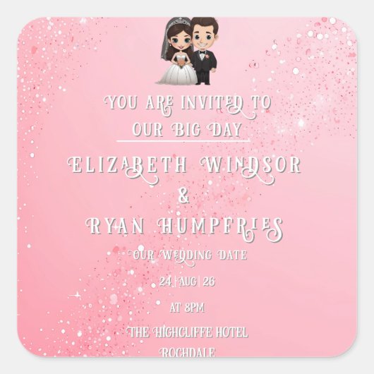 "Whimsical Light Pink Wedding Einladungen Glitzern Quadratischer Aufkleber (Vorderseite)