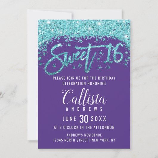 Whimsical Lila Aqua Blue Glitzer Dust Sweet 16 Einladung (Vorderseite)