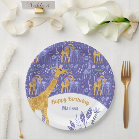 Whimsical Lila Aquamarin-Gelbe Giraffen Geburtstag Pappteller (Hochzeit)