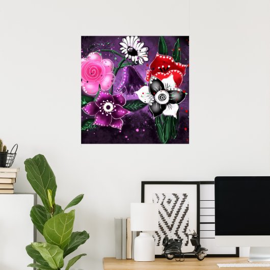 Whimsical Lila Black Pink Daisy Daffodil Poster (Heimbüro)