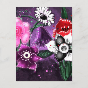 Whimsical Lila Black Pink Daisy Daffodil Postkarte