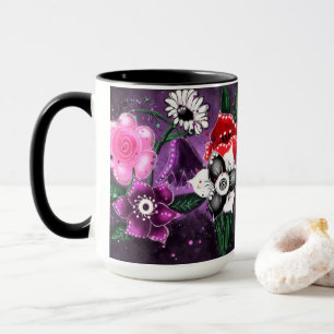 Whimsical Lila Black Pink Daisy Daffodil Tasse