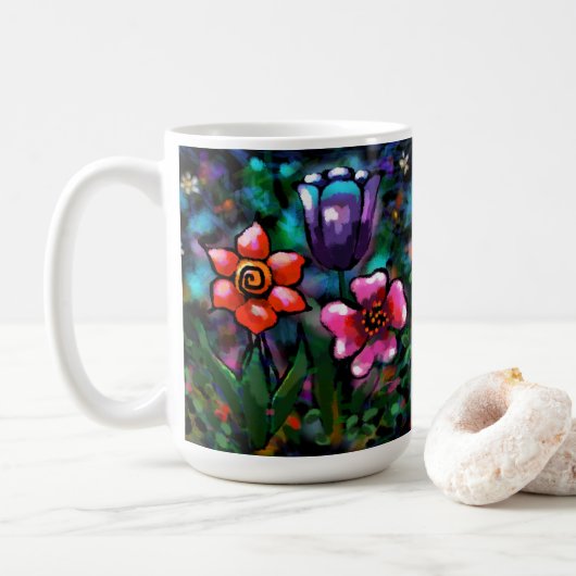 Whimsical Lila Blue Pink Blume Blume Kaffeetasse (Mit Donut)