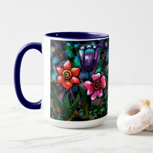 Whimsical Lila Blue Pink Blume Blume Tasse (Mit Donut)