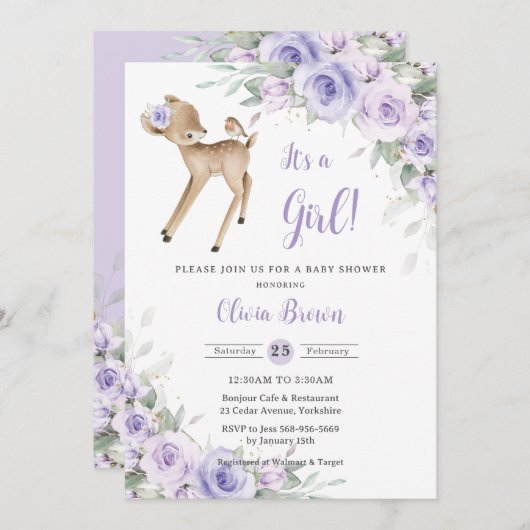 Whimsical Lila Blumenwald Hirschdusche Einladung (Vorne/Hinten)