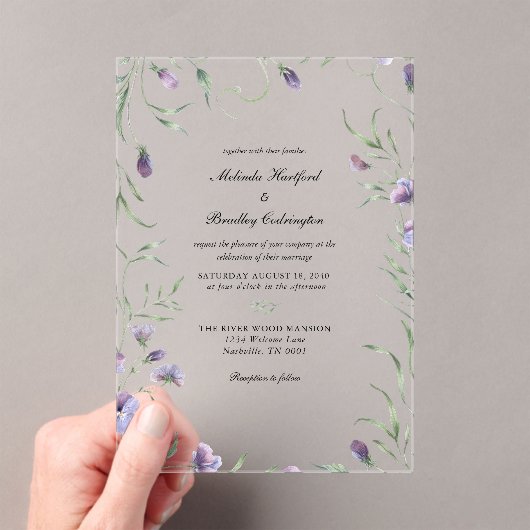 Whimsical Lila Floral Foliage Wedding Acryleinladungen (Insitu (Handheld))