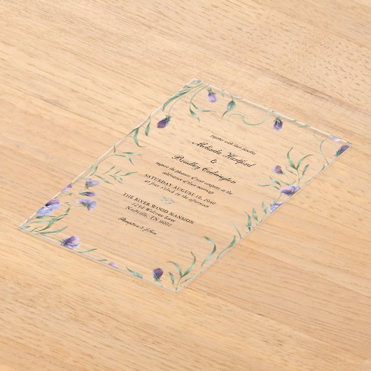 Whimsical Lila Floral Foliage Wedding Acryleinladungen (Ablage )