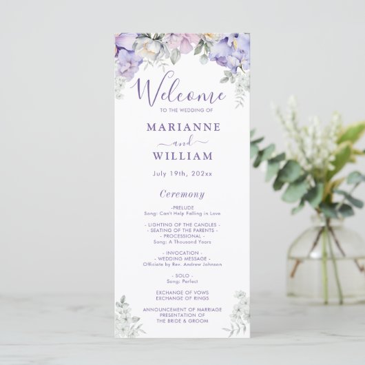 Whimsical Lila Floral Romantic Wedding Programm (Stehend Vorderseite)