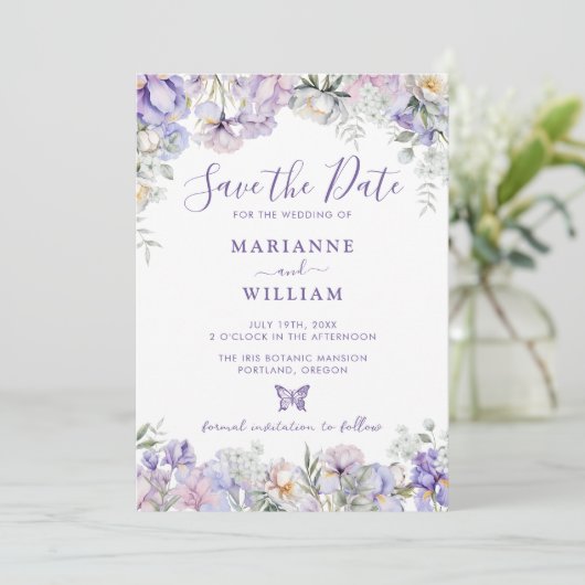 Whimsical Lila Floral Romantic Wedding Save The Date (Stehend Vorderseite)