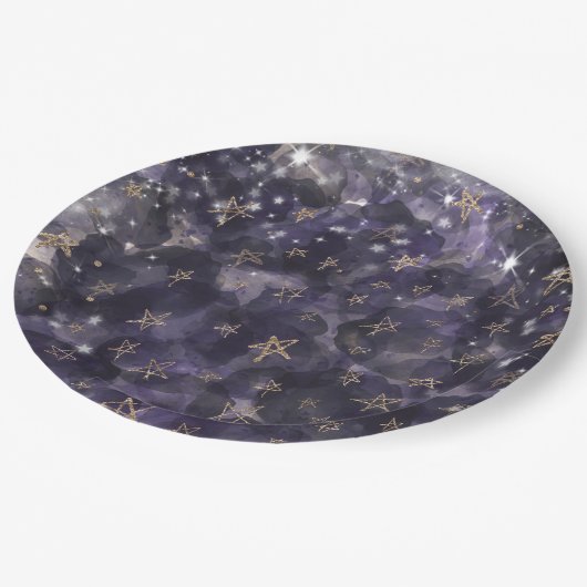 Whimsical Lila Gold Moon Stars Kinderdusche Pappteller (Schrägansicht)