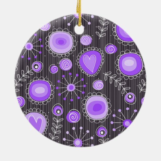 Whimsical lila graue Herzen und Blume blumenreich Keramikornament (Hinten)