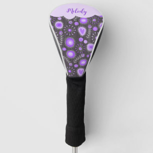 Whimsical lila graues Herz und Blume Blumenname Golf Headcover