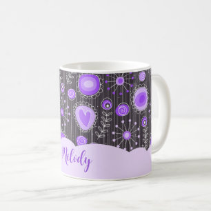 Whimsical lila graues Herz und Blume Blumenname Kaffeetasse