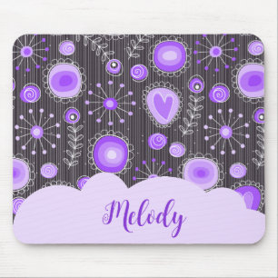 Whimsical lila graues Herz und Blume Blumenname Mousepad