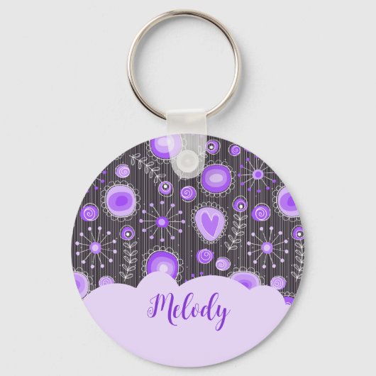 Whimsical lila graues Herz und Blume Blumenname Schlüsselanhänger (Vorderseite)