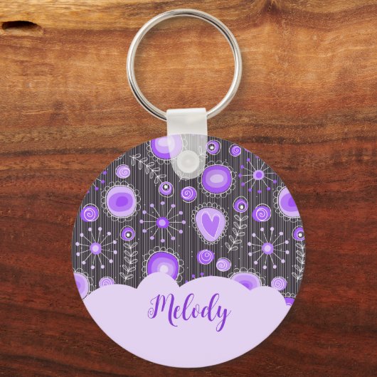 Whimsical lila graues Herz und Blume Blumenname Schlüsselanhänger (Vorderseite)
