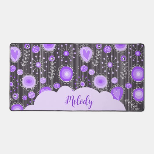 Whimsical lila graues Herz und Blume Blumenname Schreibtischunterlage (Vorderseite)