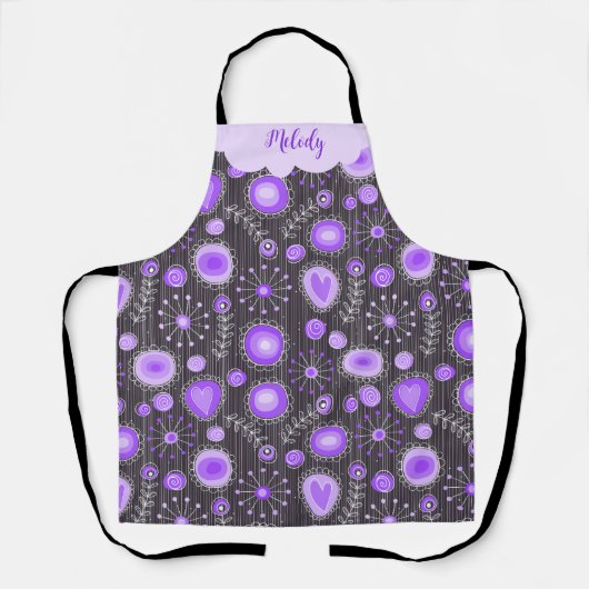 Whimsical lila graues Herz und Blume Blumenname Schürze (Vorderseite)