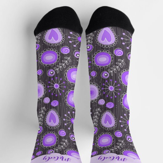 Whimsical lila graues Herz und Blume Blumenname Socken (Oben)