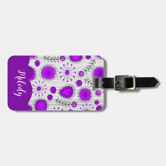 Whimsical lila Herz Blume Blumenname Gepäckanhänger (Vorderseite horizontal)