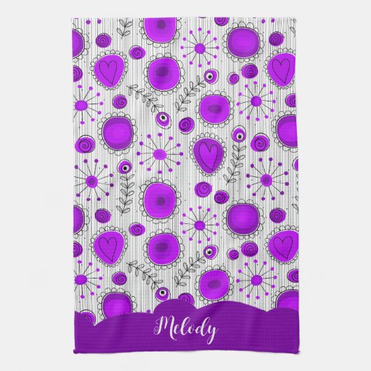 Whimsical lila Herz Blume Blumenname Geschirrtuch (Vertikal)