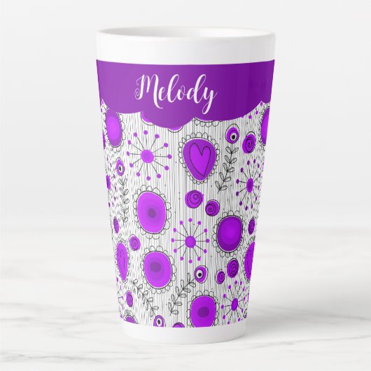 Whimsical lila Herz Blume Blumenname Milchtasse (Vorderseite)