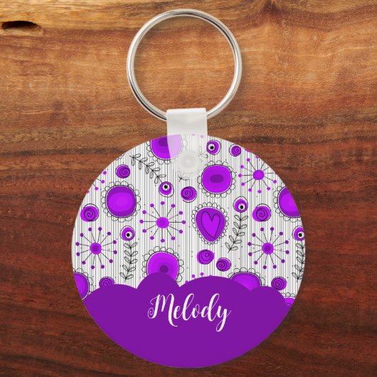 Whimsical lila Herz Blume Blumenname Schlüsselanhänger (Rückseite)