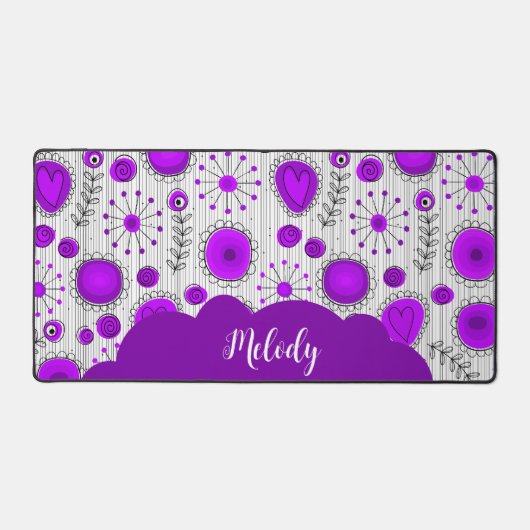 Whimsical lila Herz Blume Blumenname Schreibtischunterlage (Vorderseite)