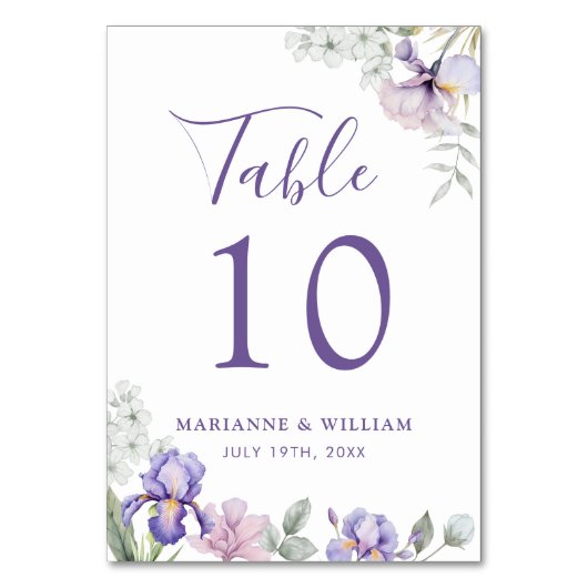 Whimsical Lila Iris Floral Wedding Tischnummer (Vorderseite)