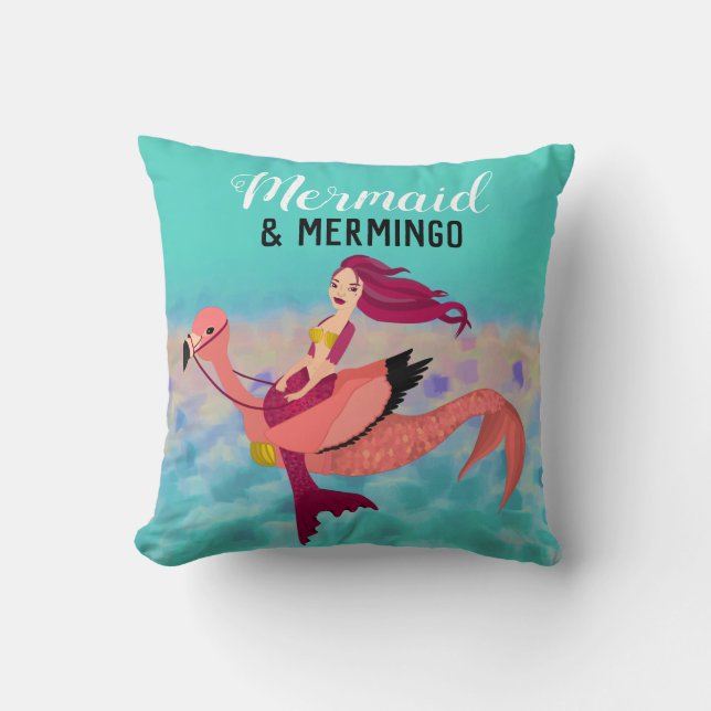 Whimsical Lila Mermaid & Pink Mermingo Art Kissen (Vorderseite)