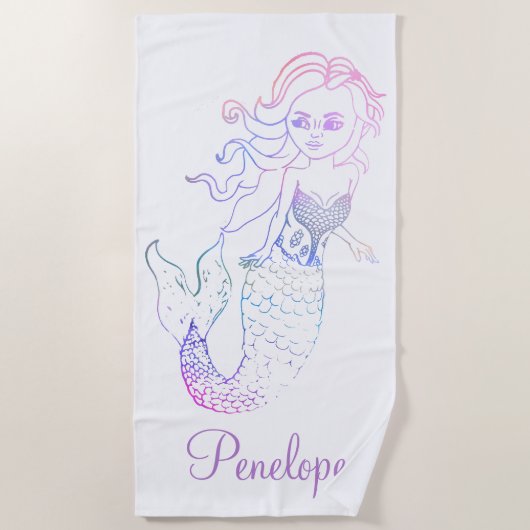 Whimsical Lila Pastel Rainbow Mermaid mit Name Strandtuch (Vorderseite)
