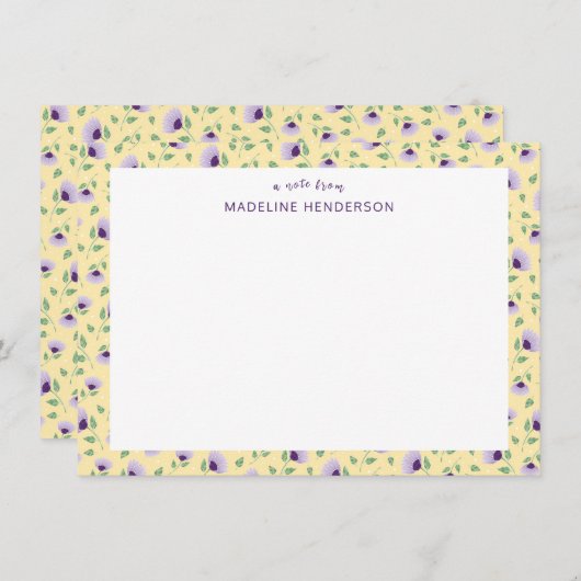Whimsical Lila Sunblumen Hellgelbe Monogramm Mitteilungskarte (Vorne/Hinten)