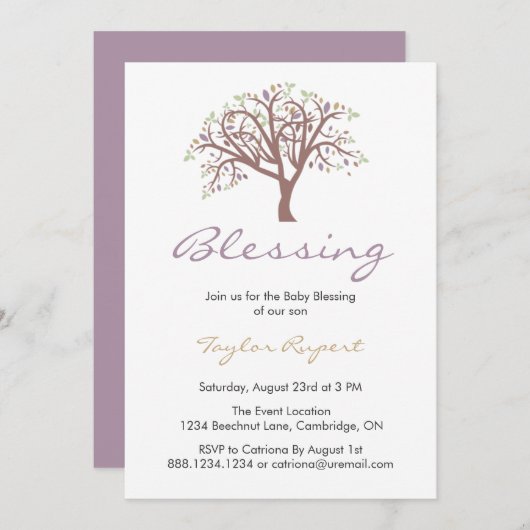 Whimsical Lila Tree Baby Sessing Einladung (Vorne/Hinten)