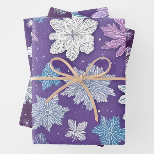 Whimsical Lila und Blue Snowflakes Weihnachten Geschenkpapier Set (Beispiel)