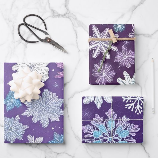 Whimsical Lila und Blue Snowflakes Weihnachten Geschenkpapier Set (Vorderseite)